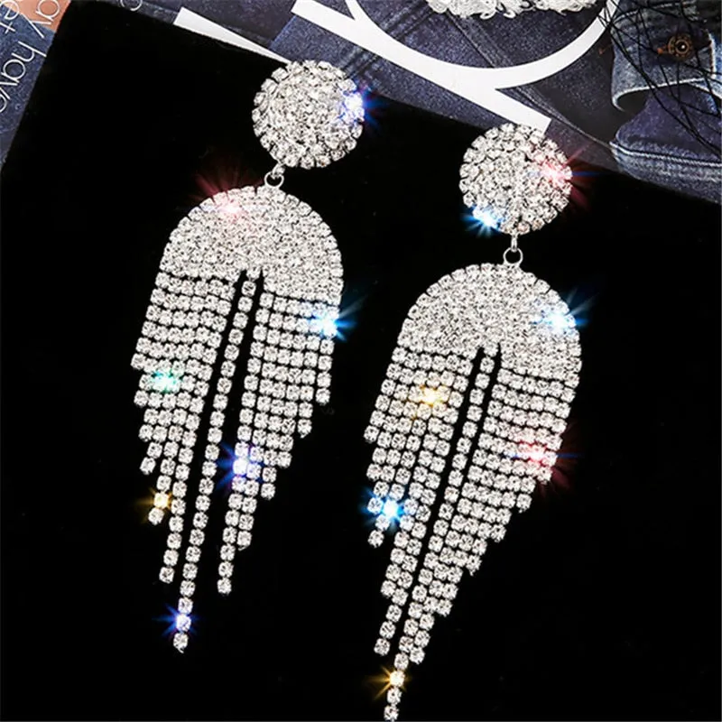Long Tassel Crystal Drop Earrings Geometric Full Rhinestone Earrings