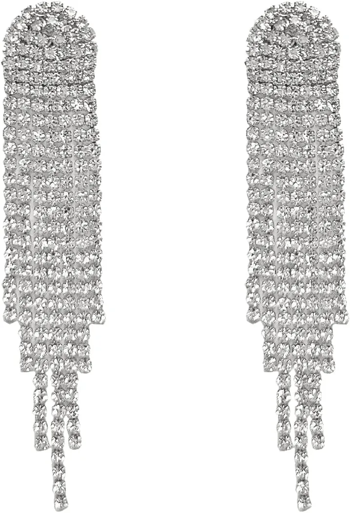 Long Tassel Earrings Crystal Chandelier Earring Rhinestone Fringe Chain Earrings Bridal Jewellry Silver Tassel Drop Dangle Earrings for Women