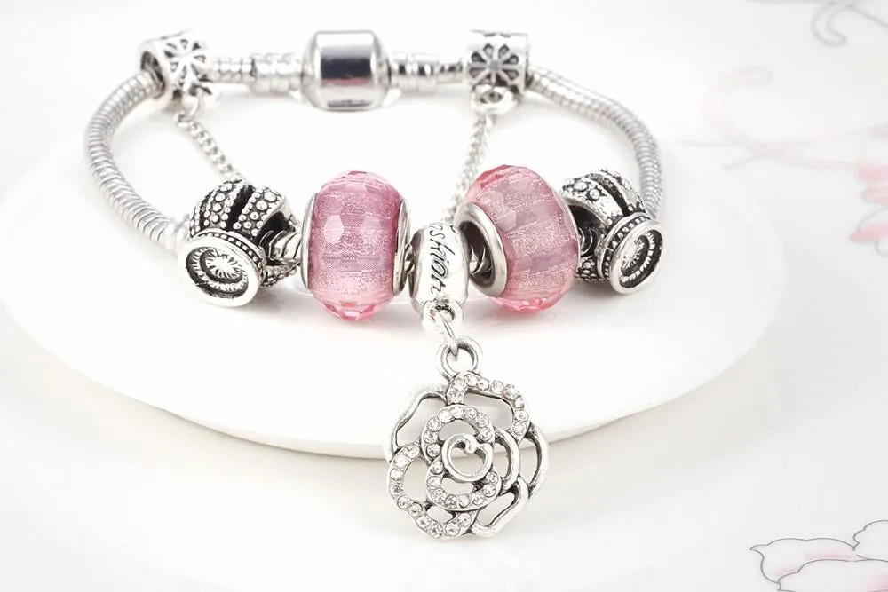 Love Pink Flower Charm Chain Bracelet