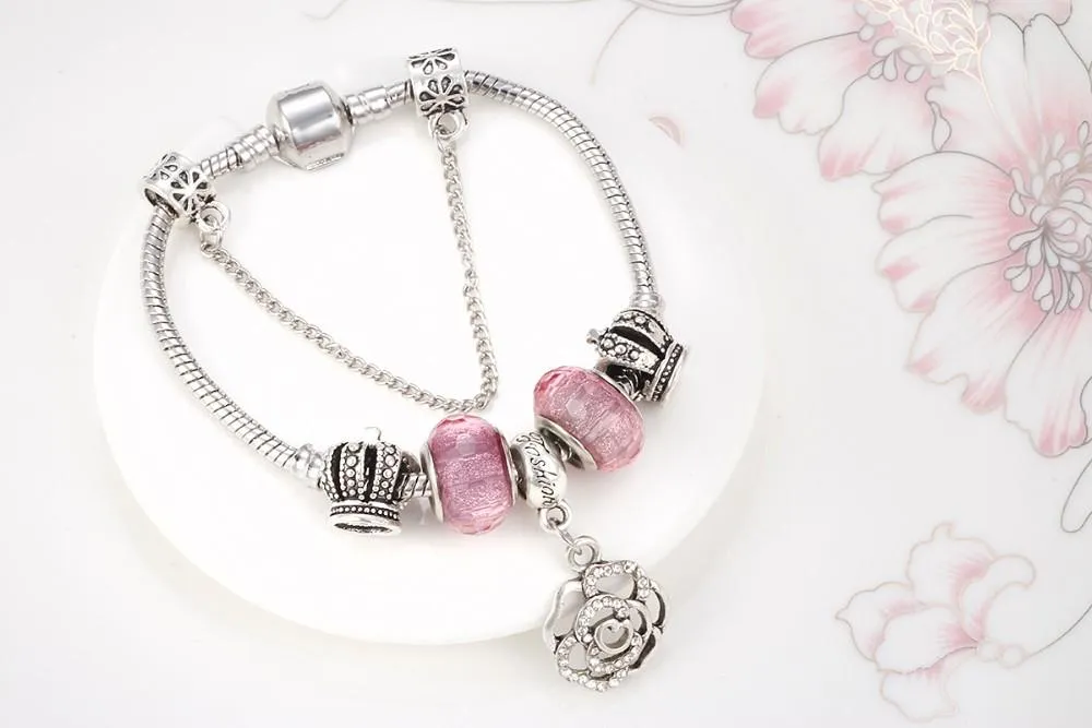 Love Pink Flower Charm Chain Bracelet