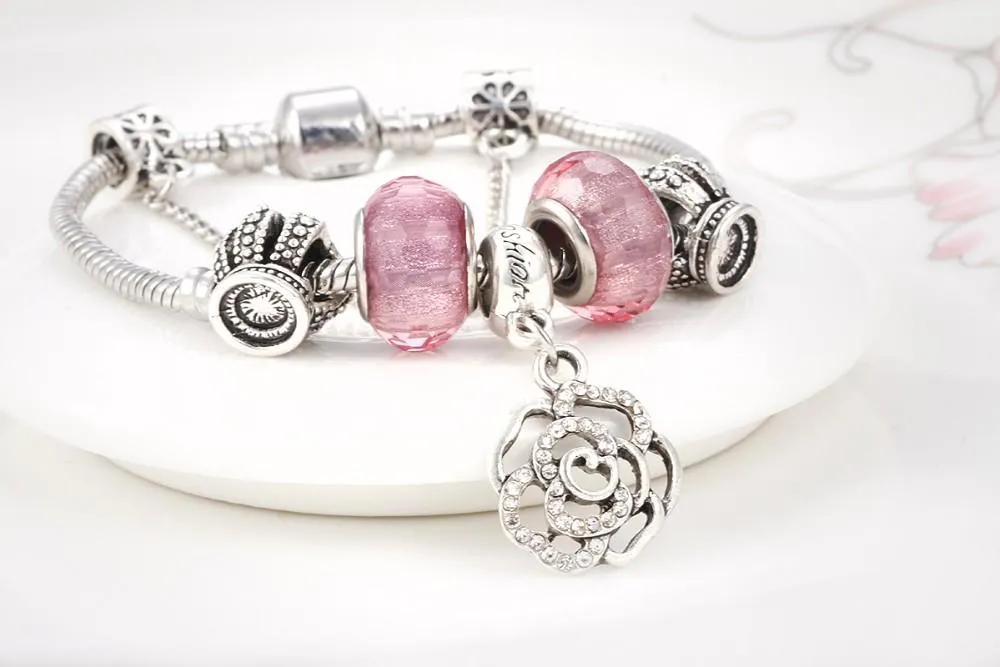 Love Pink Flower Charm Chain Bracelet