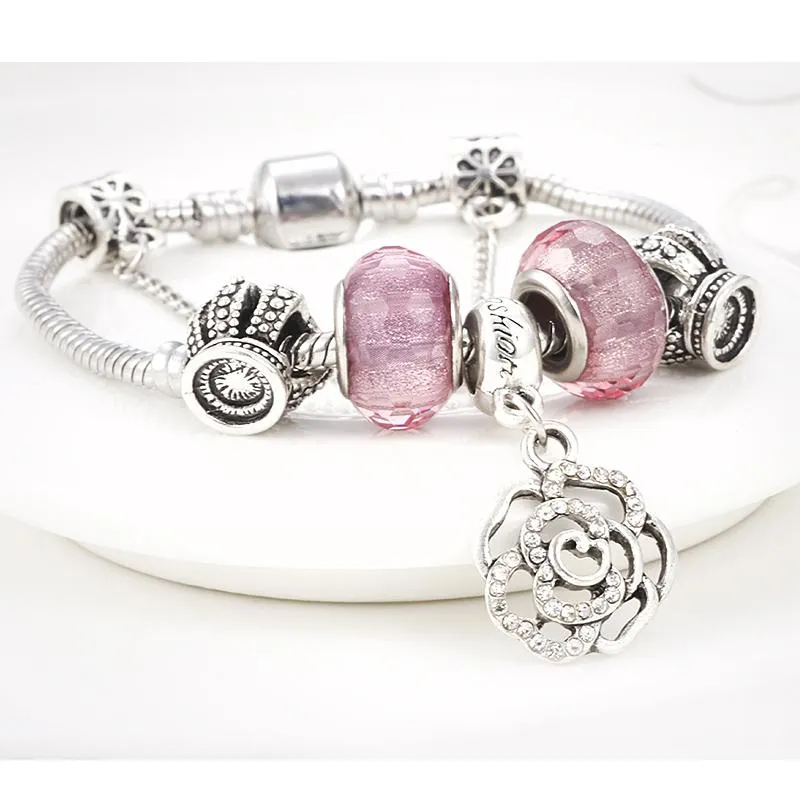 Love Pink Flower Charm Chain Bracelet