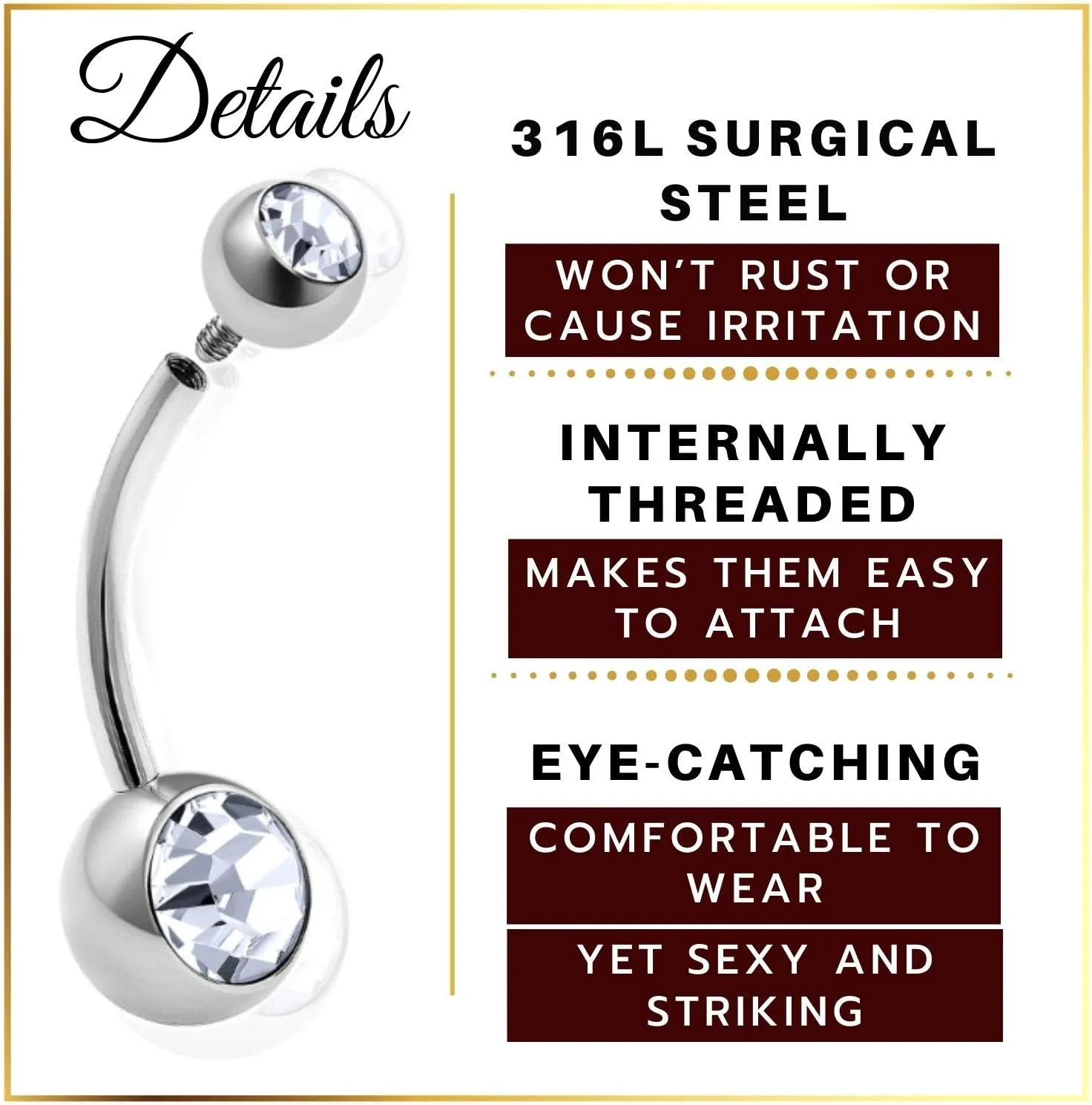 MATIGA 2Pcs Internally Threaded Steel 14g Body Belly Ring Piercing Jewelry Ear Lobe Earring navel 8mm 5mm Crystal Ball More Choices