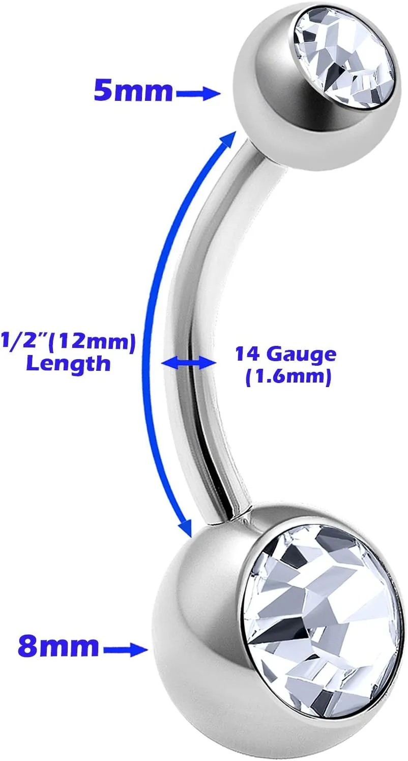 MATIGA 2Pcs Internally Threaded Steel 14g Body Belly Ring Piercing Jewelry Ear Lobe Earring navel 8mm 5mm Crystal Ball More Choices