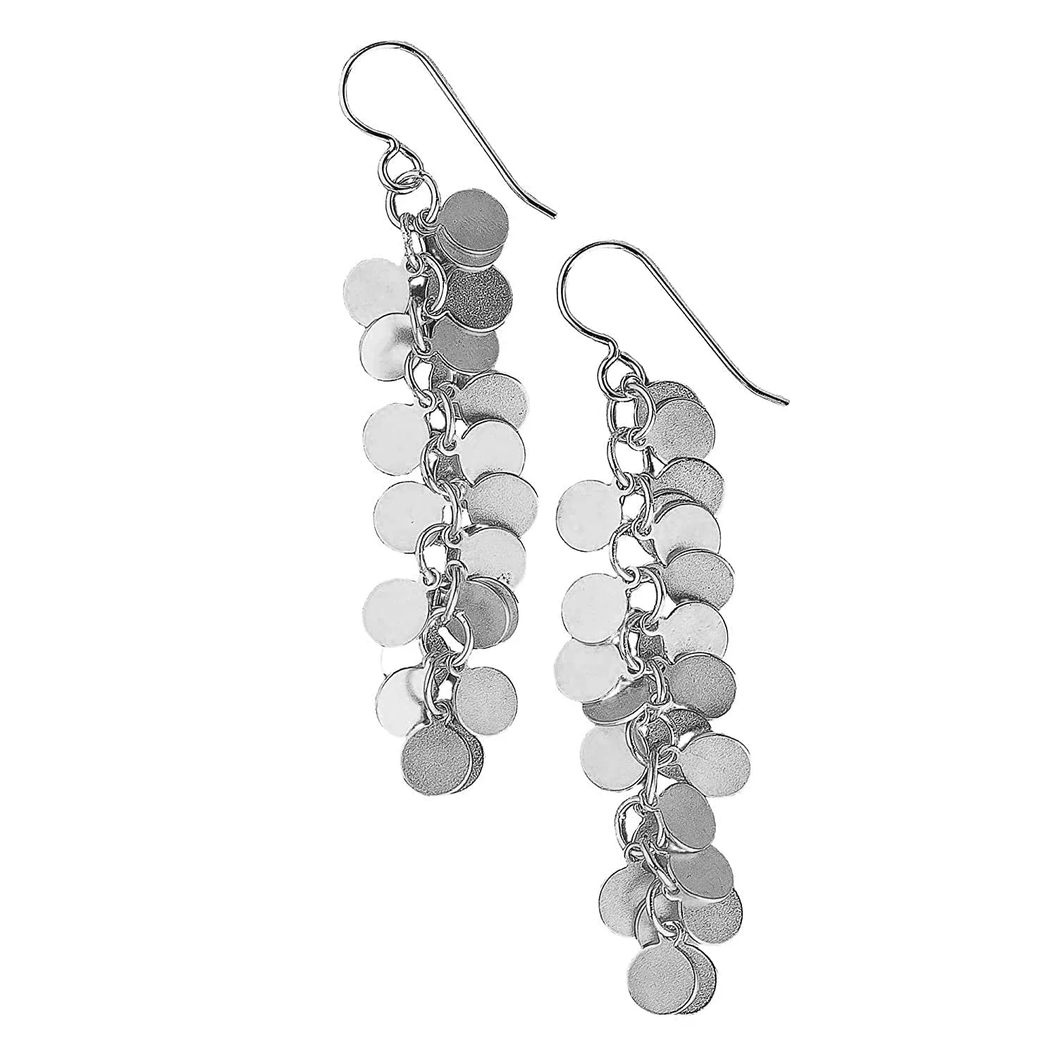 Melanie Golden Artisan Jewelry Textured Pattern Tassel Fringe Dangle Drop Earrings | Multiple Styles | Long Statement Earrings in Gold or Silver (Sterling Silver, Round Disc Dot Tassel)