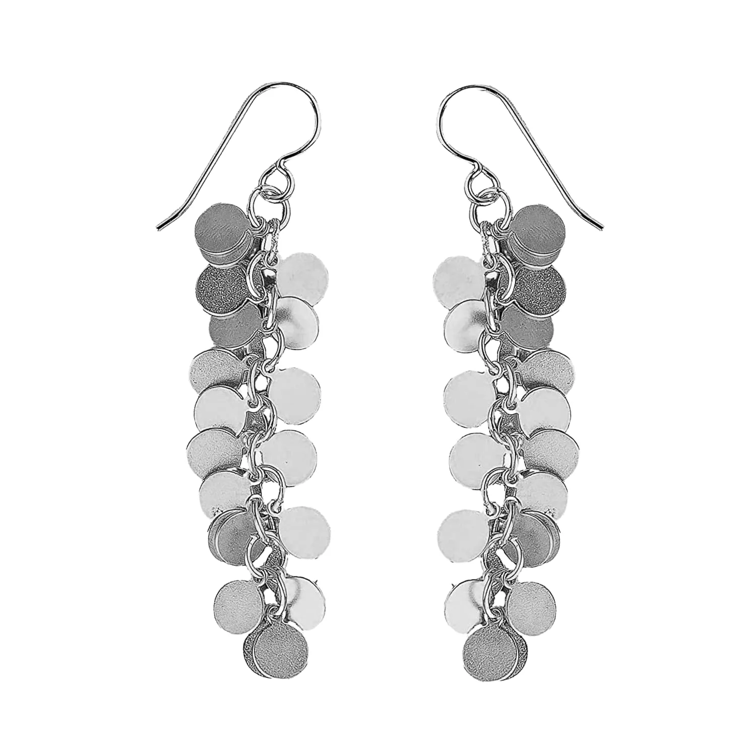 Melanie Golden Artisan Jewelry Textured Pattern Tassel Fringe Dangle Drop Earrings | Multiple Styles | Long Statement Earrings in Gold or Silver (Sterling Silver, Round Disc Dot Tassel)