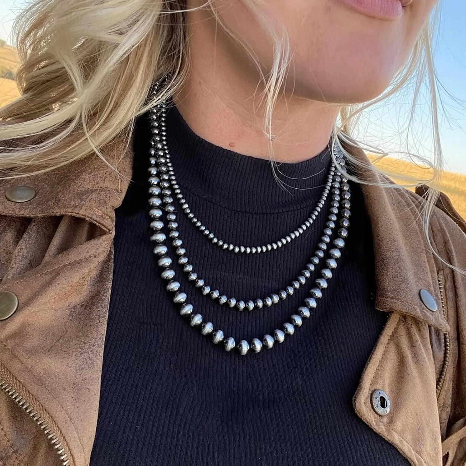 Navajo Pearl Necklace Western Pearl Layered Necklaces Western Jewelry for Women Black Beaded Choker Necklace Trendy Boho Country Concert Outfits Accessories