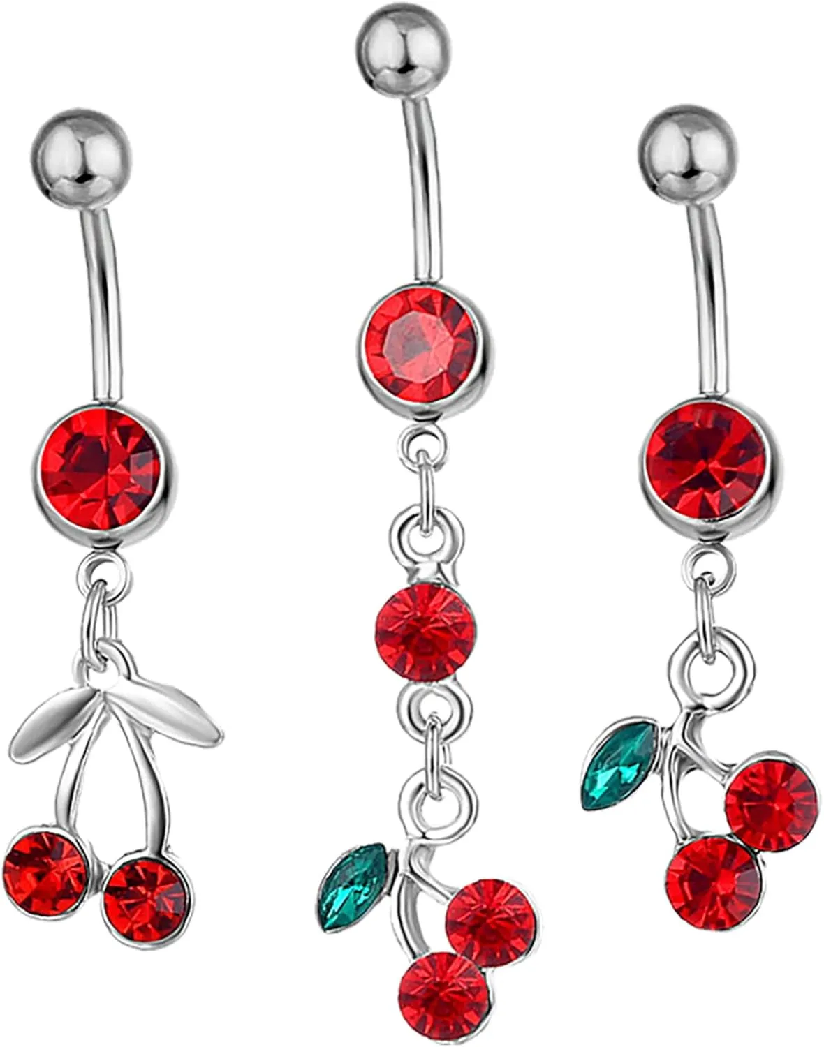 NOLITOY 3Pcs Cherry Charm Belly Button Rings with Rhinestone Navel Piercing Jewelry for Women Unique Belly Ring for Festivals and Parties
