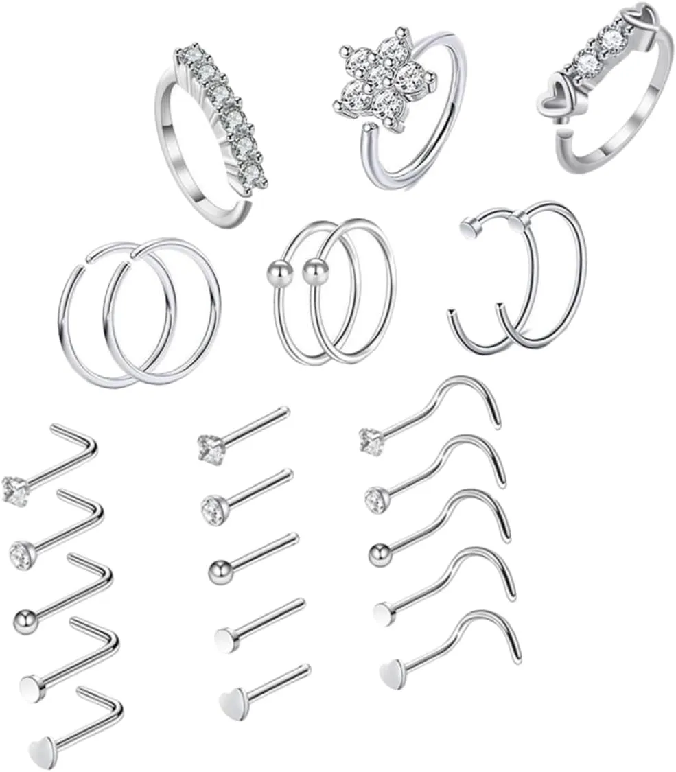 Nose Piercing Studs 24pcs Fashion Nose Ring Earrings for Women Sturdy Stainless Steel Zircon Stones