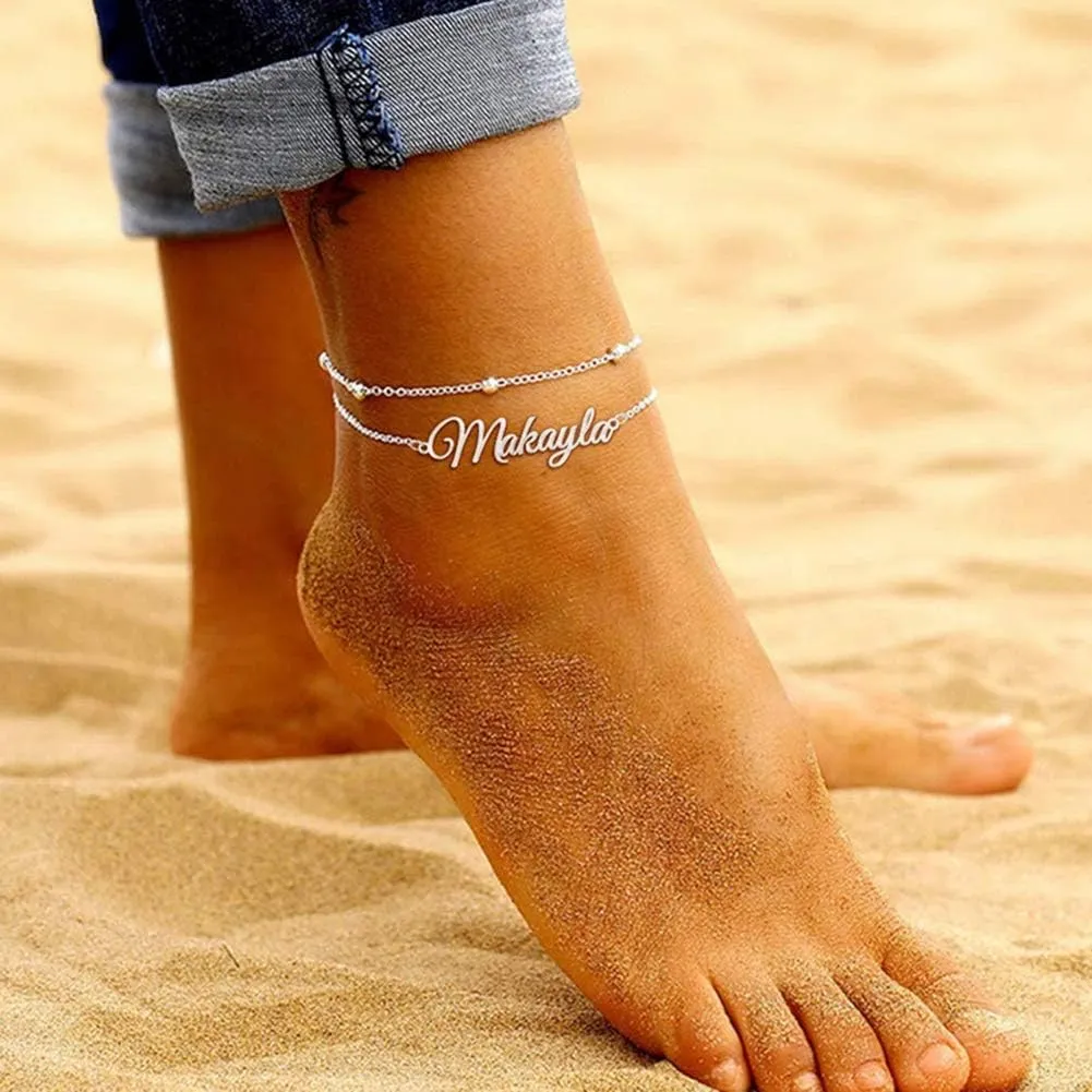Novgarden Ankle Bracelets for Women, 18K Gold Plated Double Layer Chain Tiny Beaded Bracelets Personalized Name Bracelet Friendship Bracelets for Your Best Friend