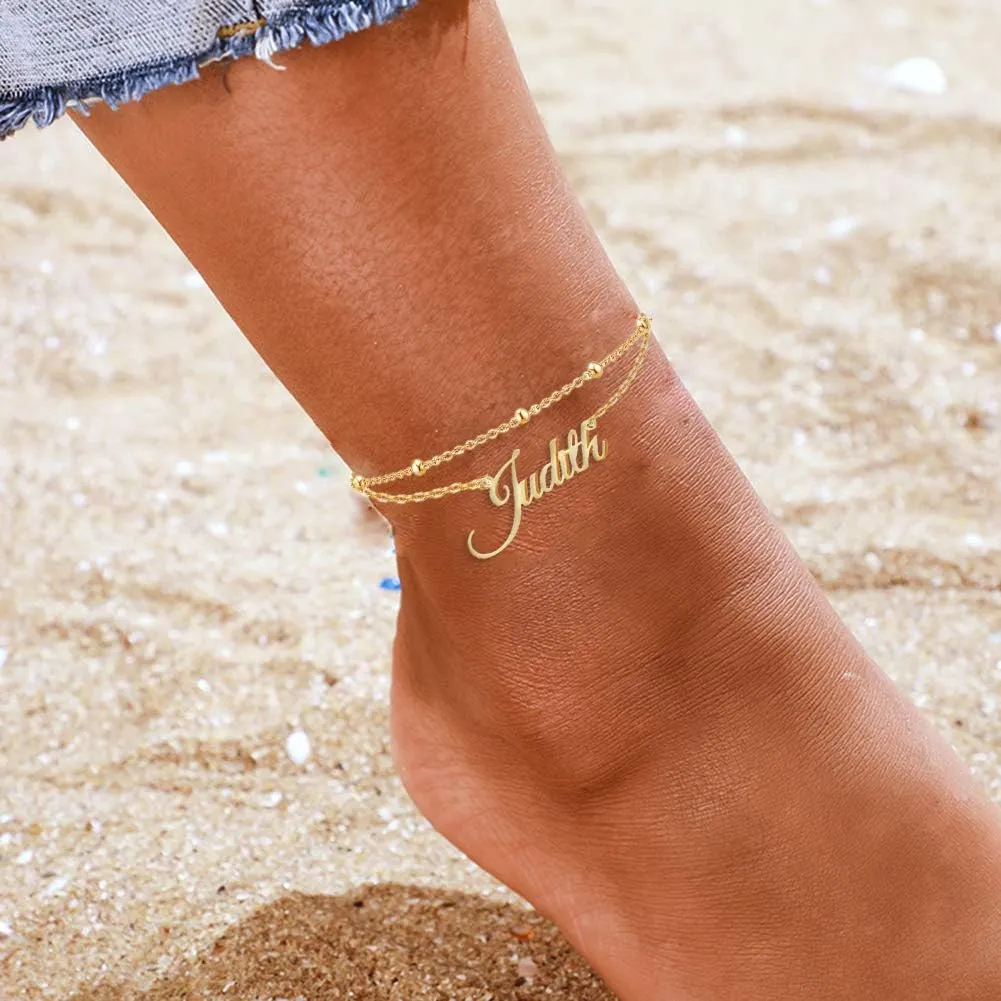 Novgarden Ankle Bracelets for Women, 18K Gold Plated Double Layer Chain Tiny Beaded Bracelets Personalized Name Bracelet Friendship Bracelets for Your Best Friend
