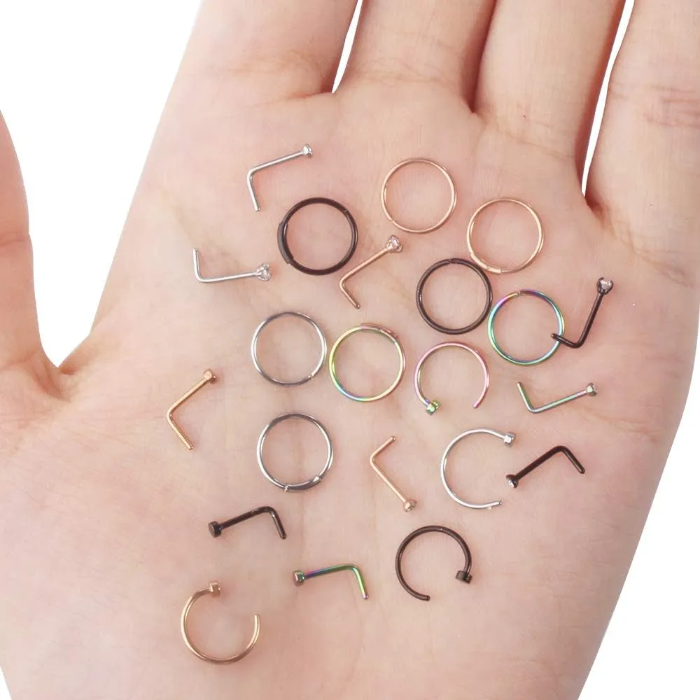 ONESING 27-60 Pcs Nose Rings for Women Nose Piercing Jewelry Silver Nose Rings Studs 20G Surgical Nose Rings Hoops Nose Rings L Shaped Studs Screw Stainless Steel Nose Piercings for Women Men