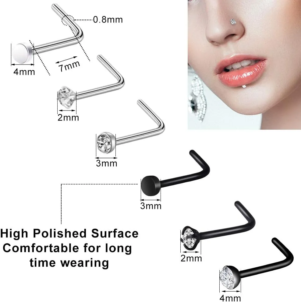 ONESING 27-60 Pcs Nose Rings for Women Nose Piercing Jewelry Silver Nose Rings Studs 20G Surgical Nose Rings Hoops Nose Rings L Shaped Studs Screw Stainless Steel Nose Piercings for Women Men
