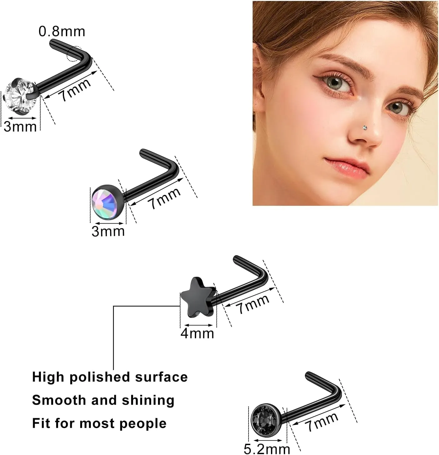 ONESING 9-40 Pcs Nose Rings - Hoops, Studs & L Shape - Hypoallergenic Stainless Steel Nose Piercings for Women & Men