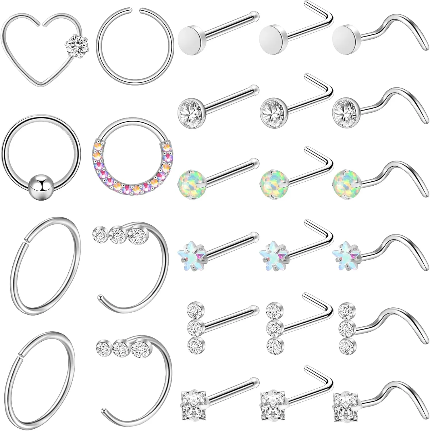 ONESING 9-40 Pcs Nose Rings - Hoops, Studs & L Shape - Hypoallergenic Stainless Steel Nose Piercings for Women & Men