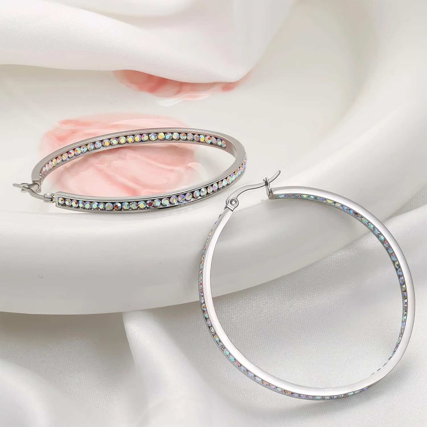 ORAZIO Stainless Steel Women Hoop Earrings Cute Huggie Earrings Cubic Zirconia Inlaid 50MM