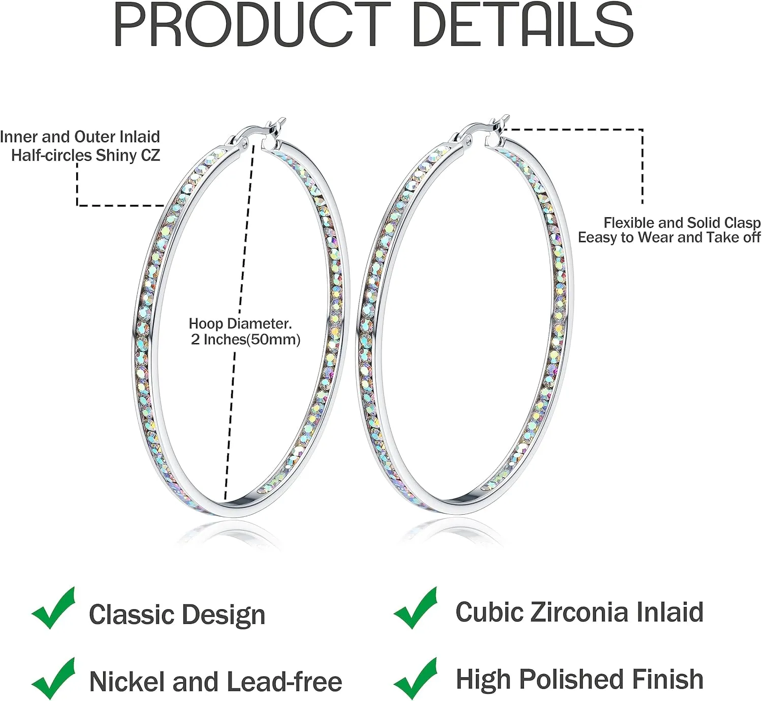 ORAZIO Stainless Steel Women Hoop Earrings Cute Huggie Earrings Cubic Zirconia Inlaid 50MM