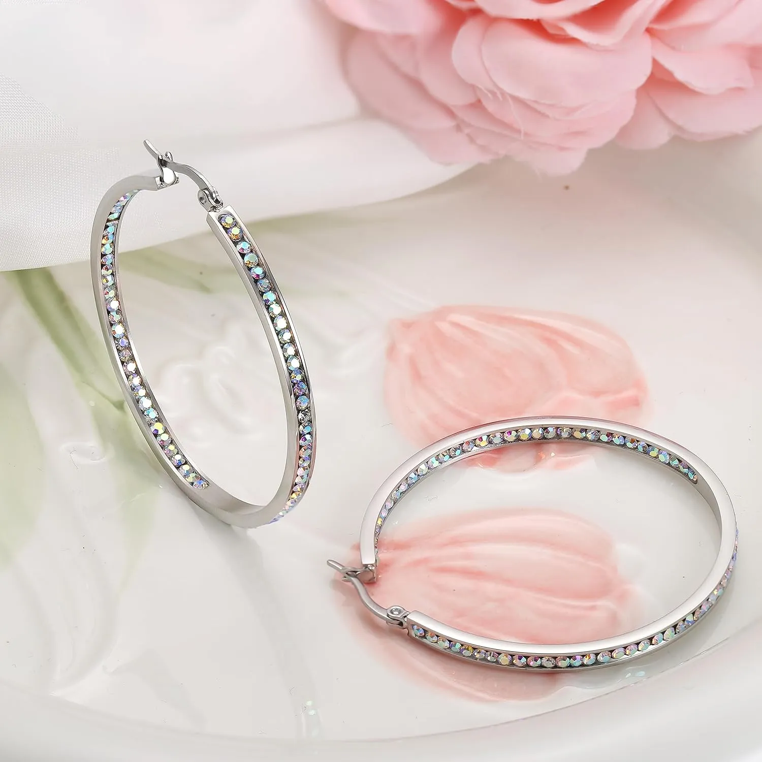 ORAZIO Stainless Steel Women Hoop Earrings Cute Huggie Earrings Cubic Zirconia Inlaid 50MM