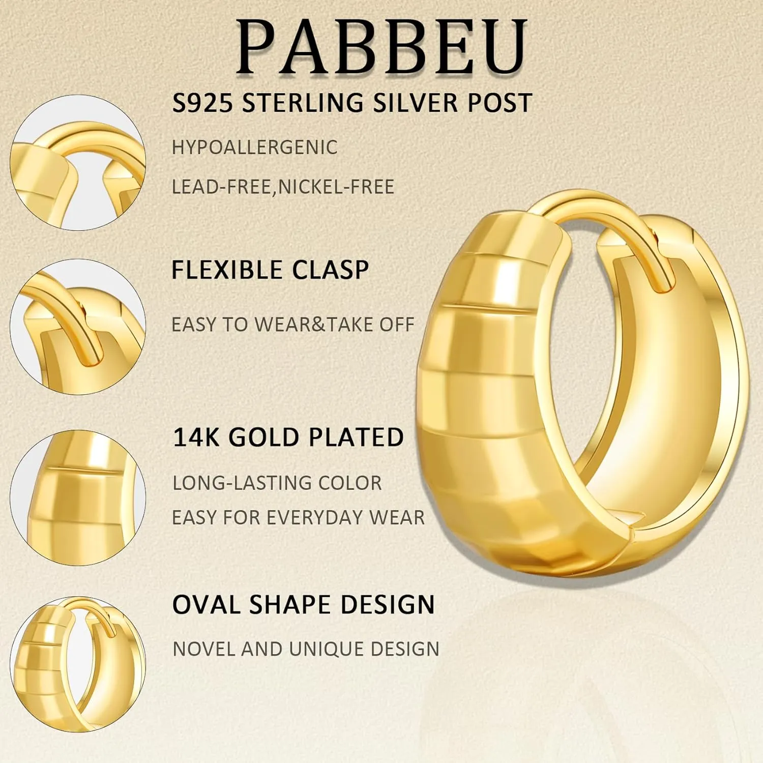 PABBEU Gold Hoops Earrings for Women Huggie Hoop Earrings 14K Gold Oval Hoop Earrings for Women Hypoallergenic Thick Gold Hoop Earrings for Women Gift