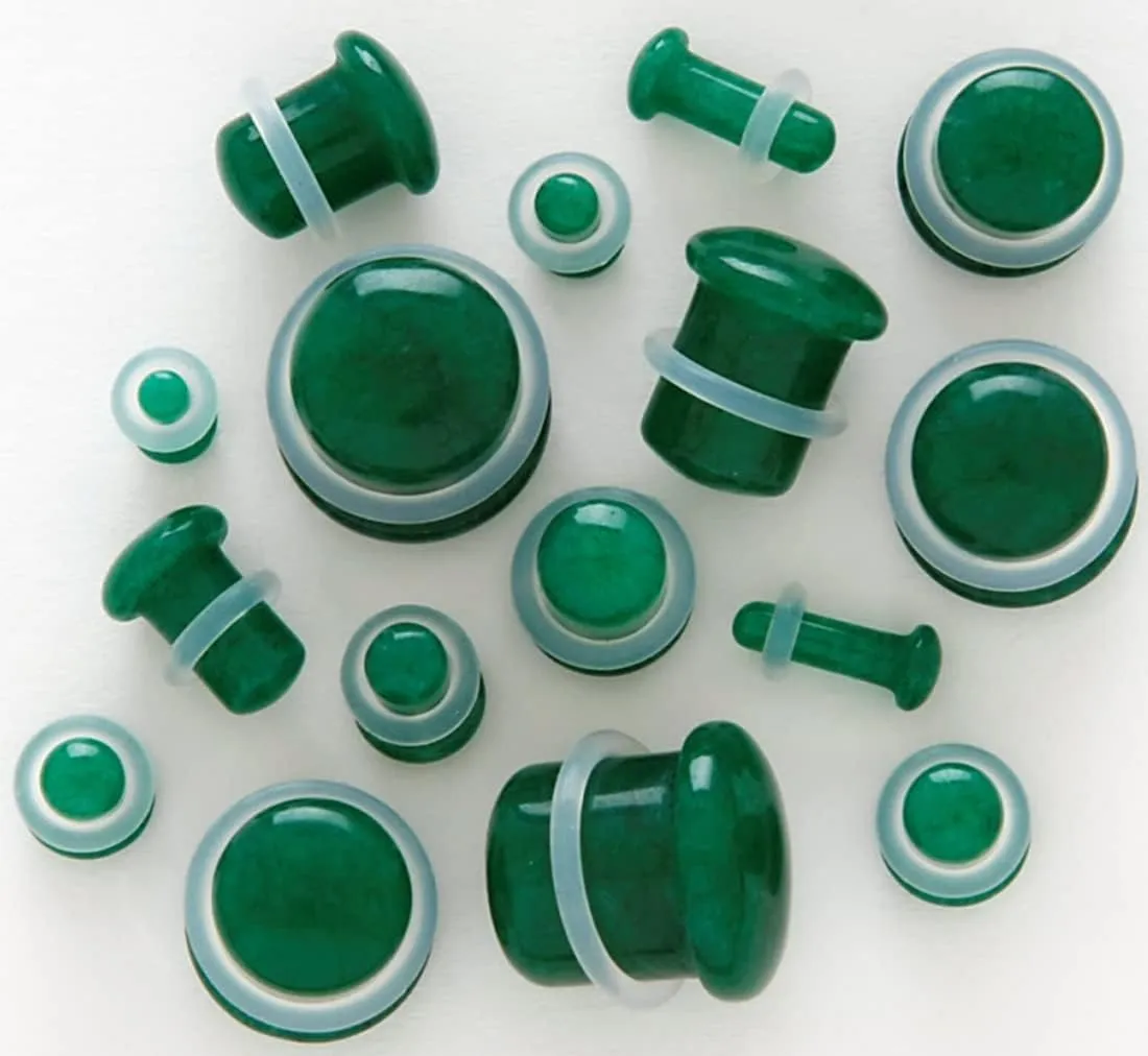 Pair of Green Jade Single Flare Stone Ear Plugs Silicone O-Ring Expander synthetic Gauges 8ga - 1 inch E617