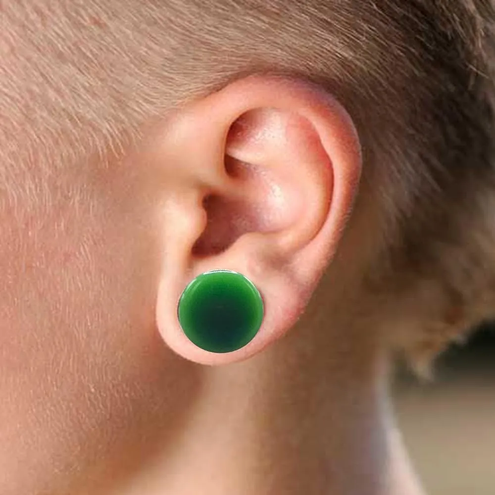 Pair of Green Jade Single Flare Stone Ear Plugs Silicone O-Ring Expander synthetic Gauges 8ga - 1 inch E617