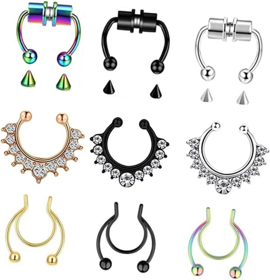 PartyKindom 9Pcs Nose Clip for Women Non Piercing Fake Nose Rings Jewelry for Parties Special Occasions Safe Skin Friendly Design