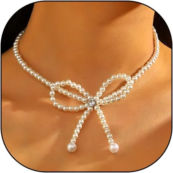 Pearl Beads Bow Necklace for Women Cute Bow Choker Necklace Pearl Bowknot Necklaces Trendy Chain Ribbon Knot Necklace for Women Jewelry Gift
