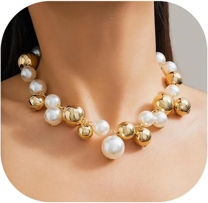 Pearl Choker Necklaces for Women Fake Pearl Necklace Big Chunky Pearl Necklace Gold Statement Necklace Party Bride Wedding Trendy Jewelry Gifts