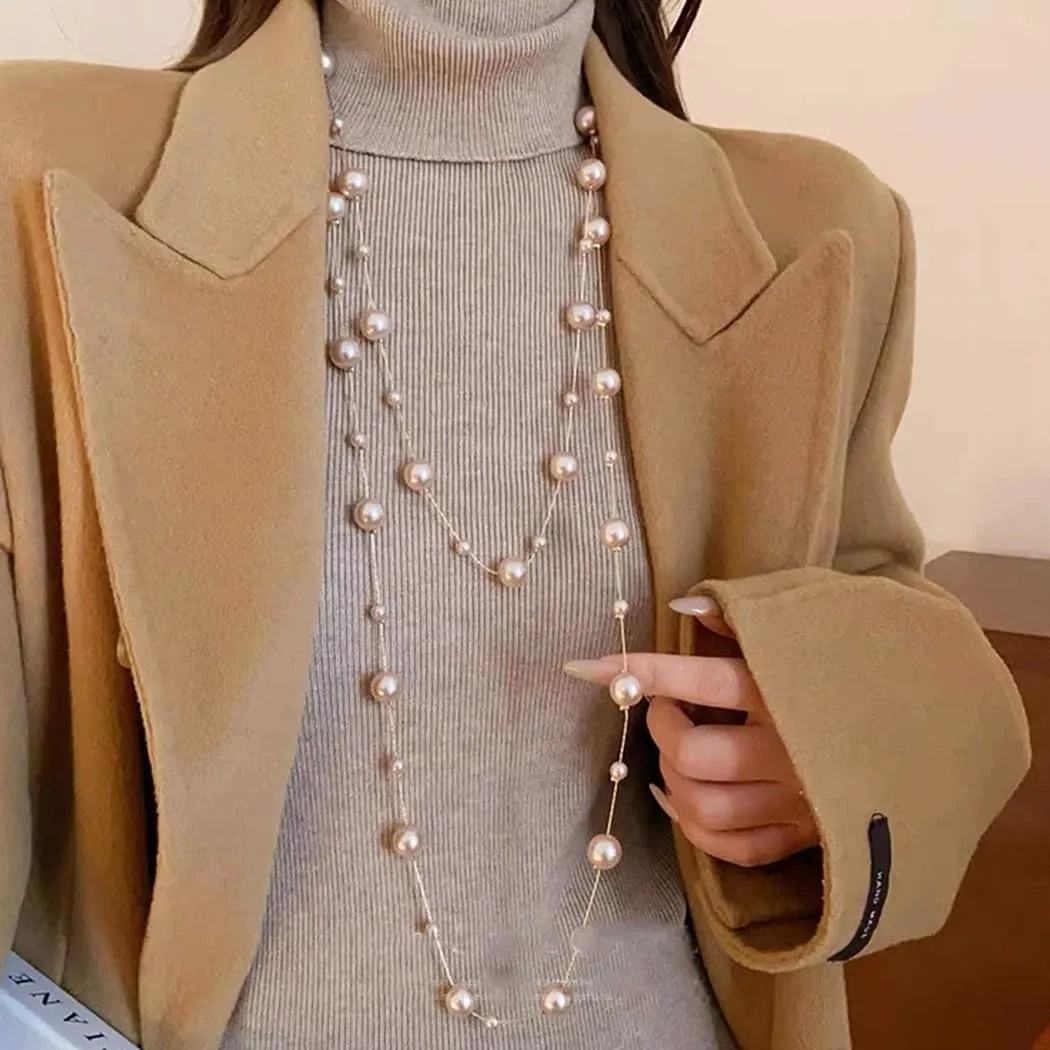 Pearl Long Necklaces Layered Charm Sweater Necklace Flower Number 5 Imitation Gold Necklace for Women