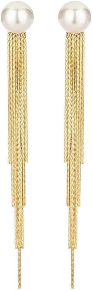 Pearl Long Tassel Dangle Earrings for Women Sparkly Long Chain Drop Statement Earrings Fashion Cz Wedding Bridal Earrings Jewelry Gifts