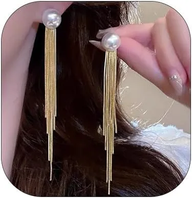 Pearl Long Tassel Dangle Earrings for Women Sparkly Long Chain Drop Statement Earrings Fashion Cz Wedding Bridal Earrings Jewelry Gifts