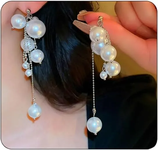 Pearl Tassel Earrings for Women Gold Long Pearl Dangle Chandelier Earrings Cubic Zirconia Huggie Pearl Drop Earrings Jewelry