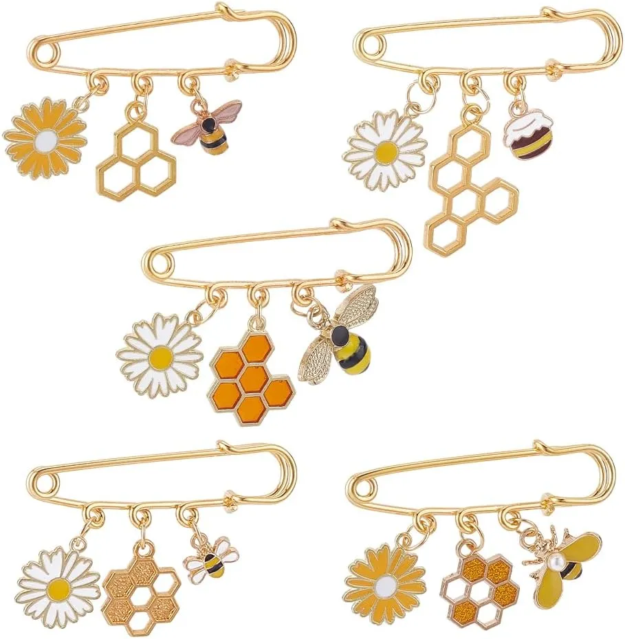 PH PandaHall 5 Styles Daisy Bee Brooches 5pcs Safety Pin Brooches Alloy Enamel Pins Sweater Shawl Clips Honeycombs Charms Pins for Clothing Dress Decoration Accessories Wedding Party Women, Golden