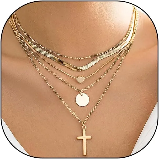 Plated Gold Layered Necklace, 5Pcs Charming Stackable Dainty Circle Cross Pendant Choker,Aesthetic Anniversary Jewelry Gift for Women