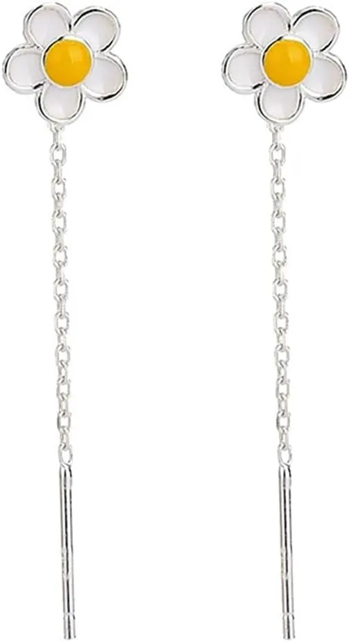 Plumeria Flower Threader Dangle Drop Earrings 925 Sterling Silver Daisy Flowers Long Chain Tassel Ear Line Earring Cute Birthday Jewelry Gifts for Women Hypoallergenic Sensitive Ears