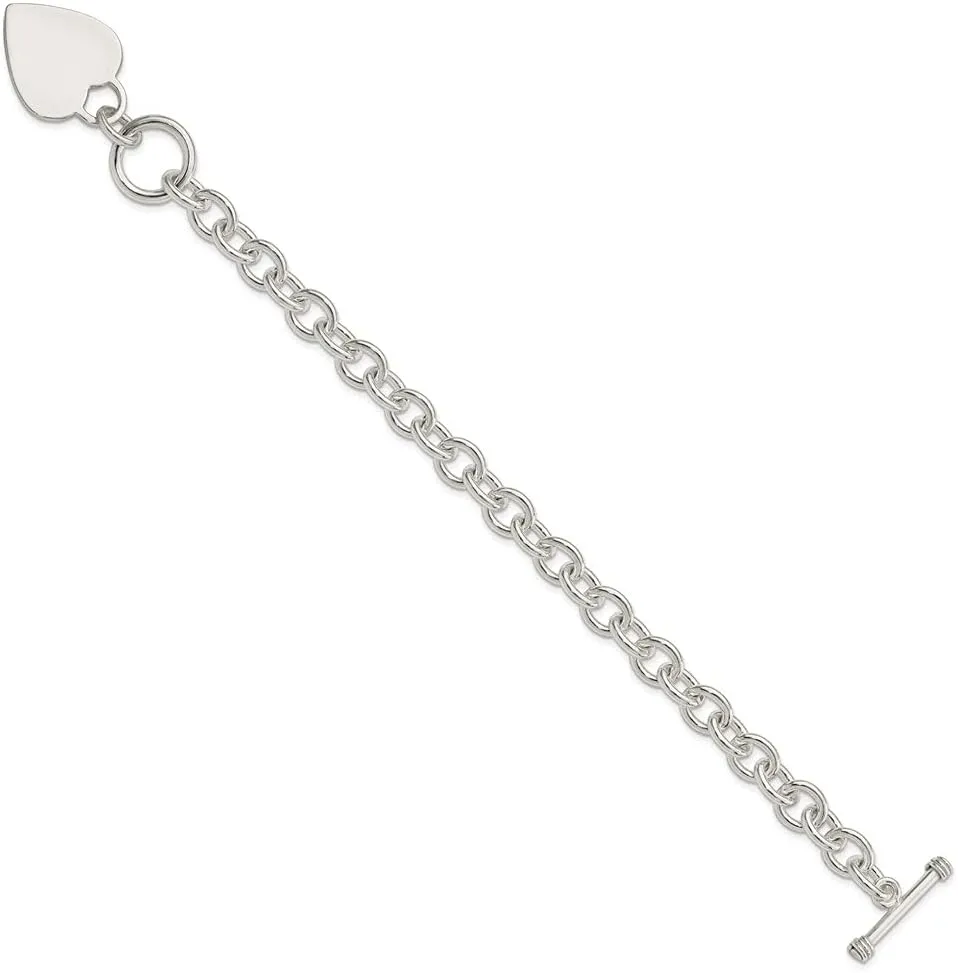 Polished Engravable Personalized Custom 925 Sterling Silver Heart Disc on Fancy Link Toggle Bracelet For Women Length 8.75 inches Width 22 mm