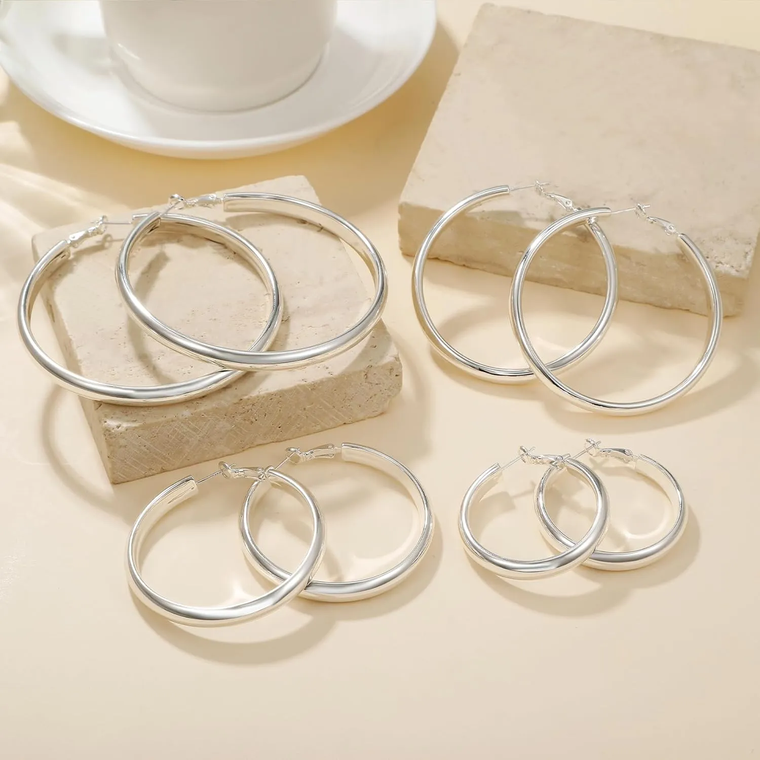 PRETOLE Silver Hoops Earrings for Women, Sterling Silver Post Large Silver Hoop Earrings Hypoallergenic Thick Silver Hoop Earrings Big Sterling Silver Hoop Earrings for Women 40/50/60/70MM