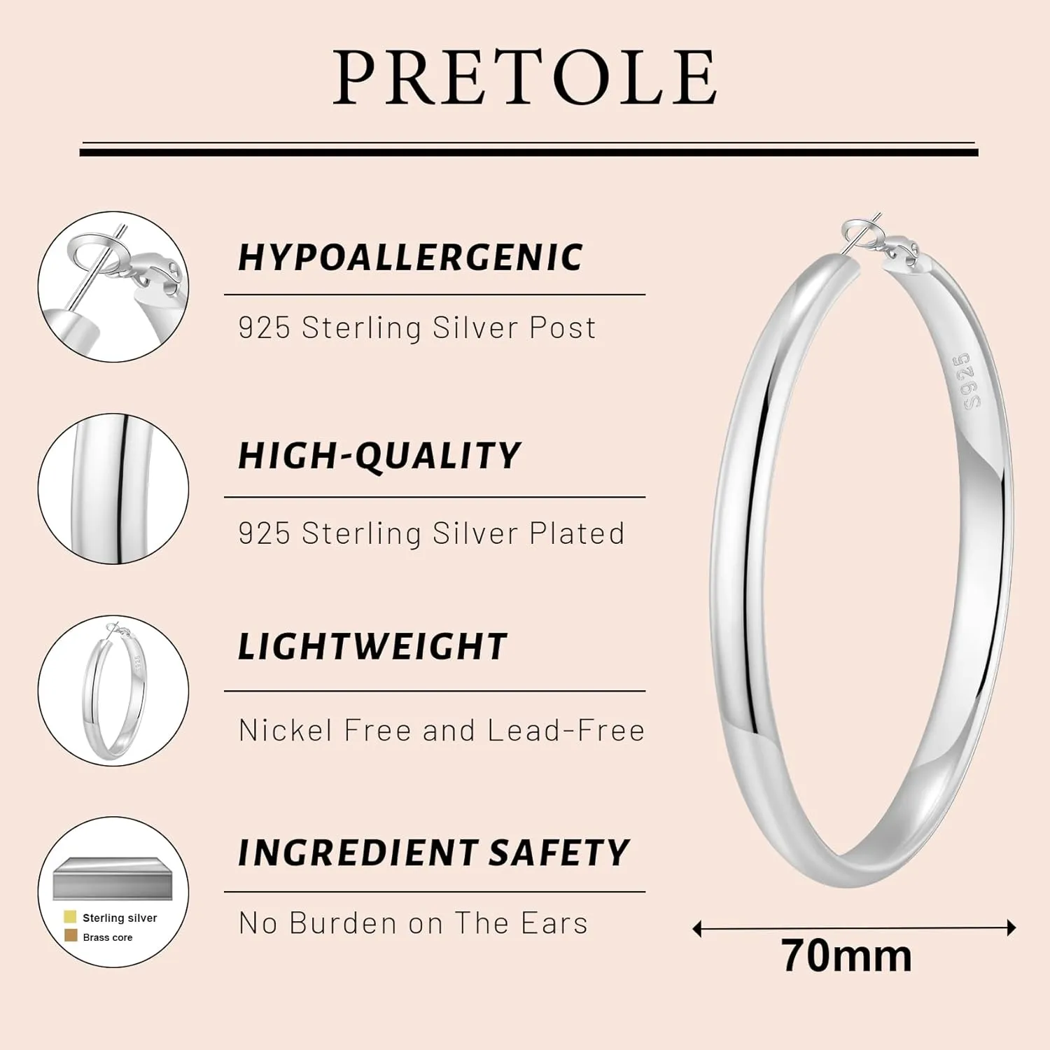 PRETOLE Silver Hoops Earrings for Women, Sterling Silver Post Large Silver Hoop Earrings Hypoallergenic Thick Silver Hoop Earrings Big Sterling Silver Hoop Earrings for Women 40/50/60/70MM