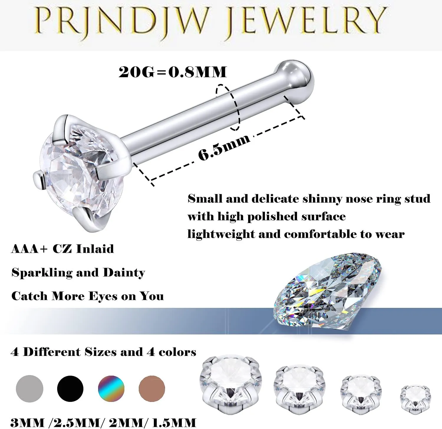 Prjndjw 20G Nose Rings Studs Surgical Steel Hypoallergenic Nose Ring Threadless Push in Nose Ring Cute CZ Small Silver Heart Star L Shape 20 Gauge Nostril Nose Rings Studs Piercing Jewelry for Women