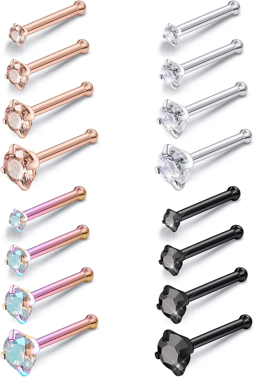 Prjndjw 20G Nose Rings Studs Surgical Steel Hypoallergenic Nose Ring Threadless Push in Nose Ring Cute CZ Small Silver Heart Star L Shape 20 Gauge Nostril Nose Rings Studs Piercing Jewelry for Women