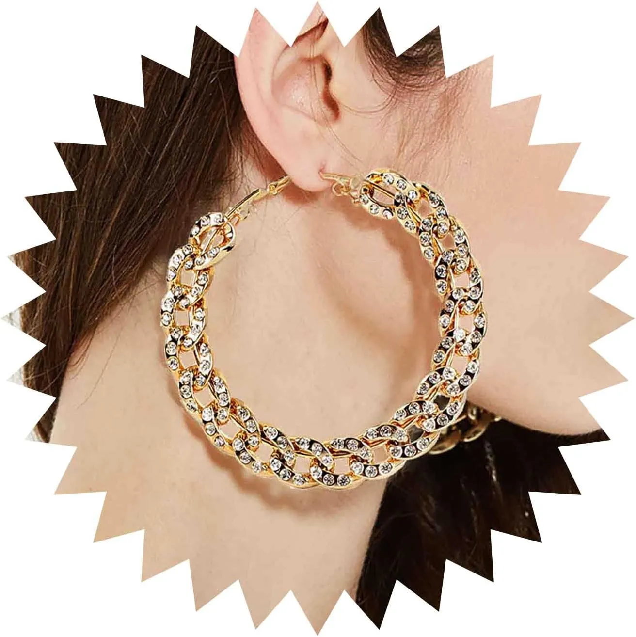 Punk Cz Chain Hoop Earrings Gold Curb Link Hoop Earrings Crystal Curb Hoop Earrings Chunky Cuban Chain Hoop Earrings Large Circle Dangle Hoop Earrings Jewelry for Women