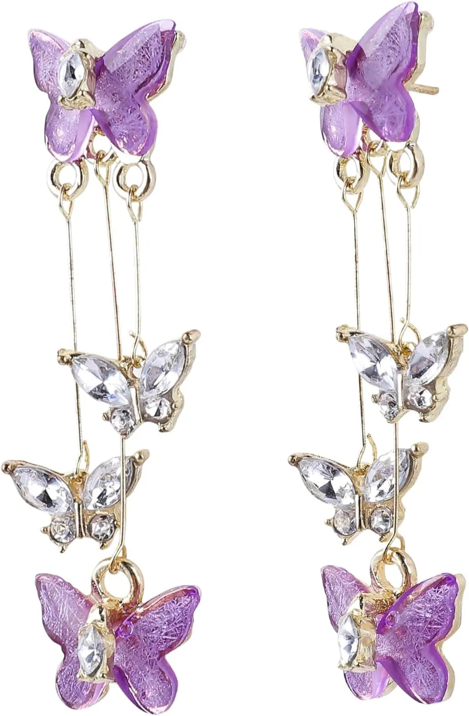 Purple Butterfly Earrings Crystal Butterfly Earings Long Tassels Shiny Butterfly Dangle Earrings Zircon Earrings for Women Crystal Rhinestone Drop Earrings 3D Long Butterfly Earrings for Women