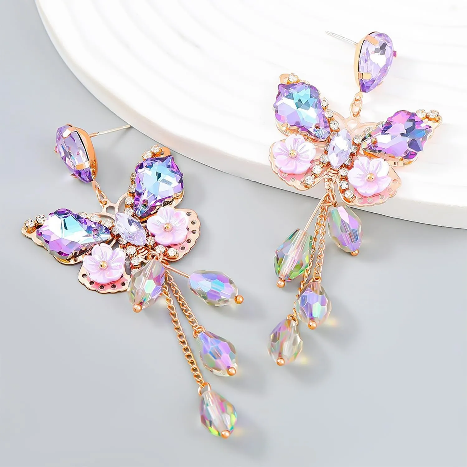 Purple Butterfly Tassel Style Zircon Earrings for Women Crystal Rhinestone Drop Earrings Long Butterfly Dangle Earrings Wedding Jewelry for Women
