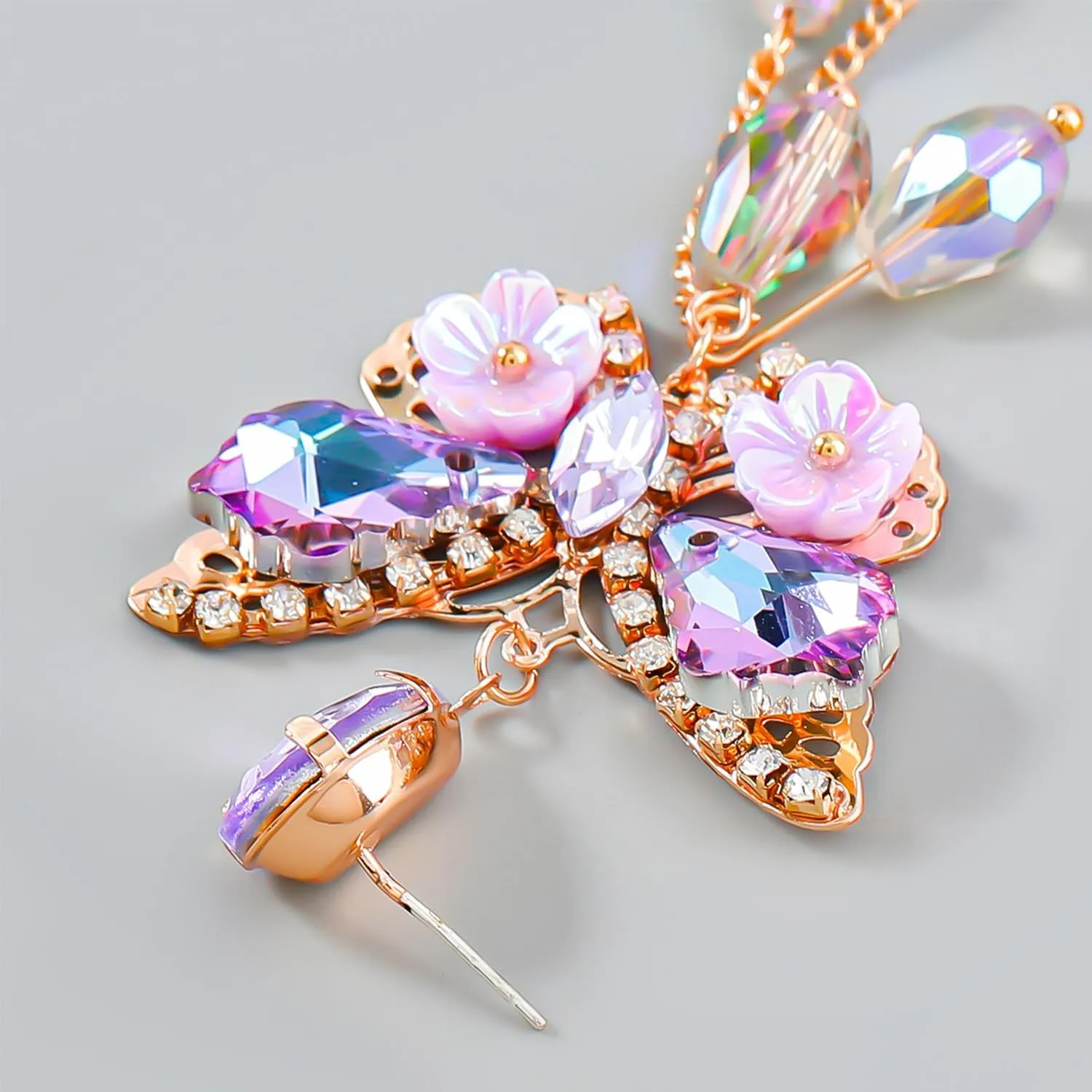 Purple Butterfly Tassel Style Zircon Earrings for Women Crystal Rhinestone Drop Earrings Long Butterfly Dangle Earrings Wedding Jewelry for Women