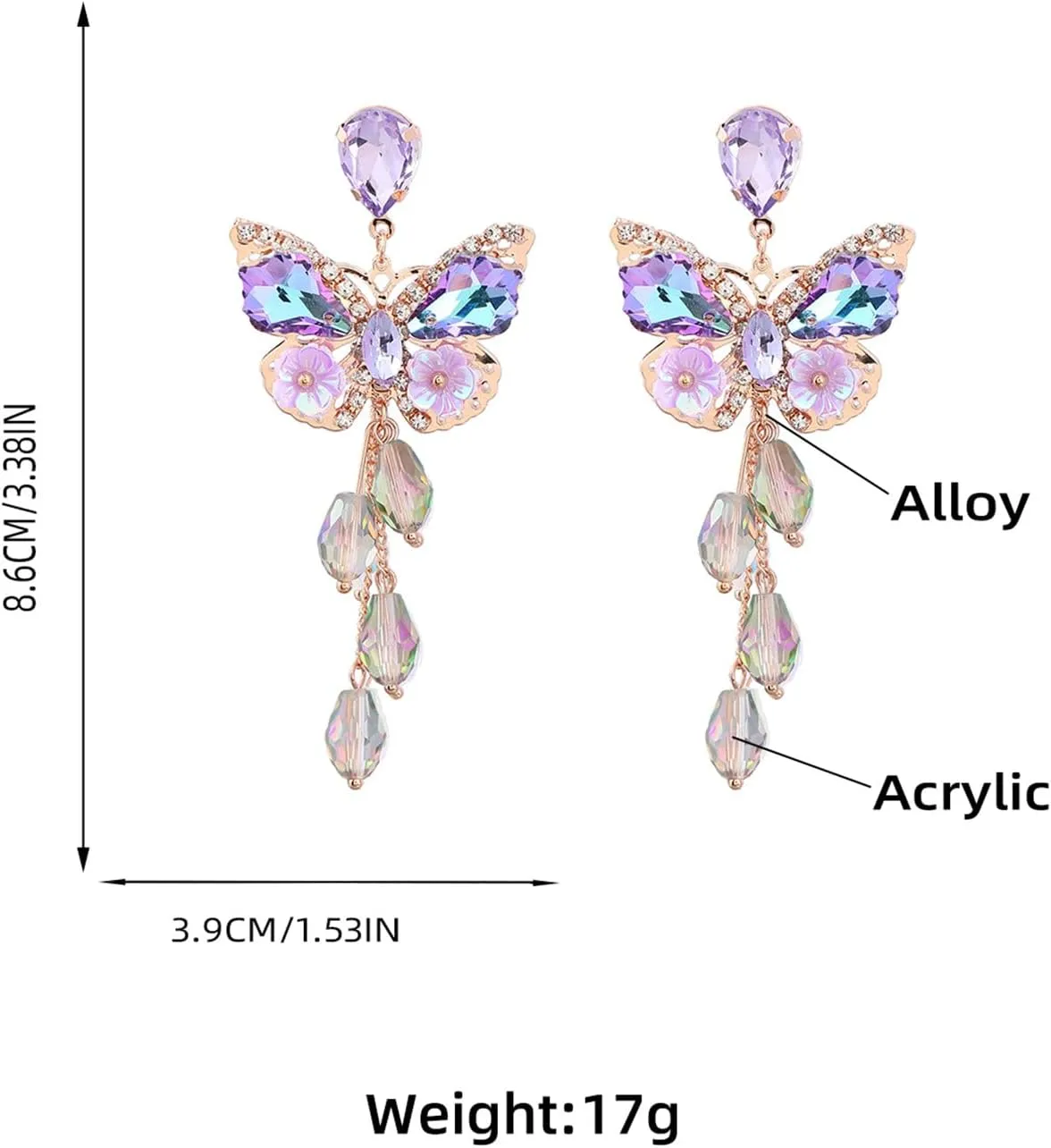 Purple Butterfly Tassel Style Zircon Earrings for Women Crystal Rhinestone Drop Earrings Long Butterfly Dangle Earrings Wedding Jewelry for Women
