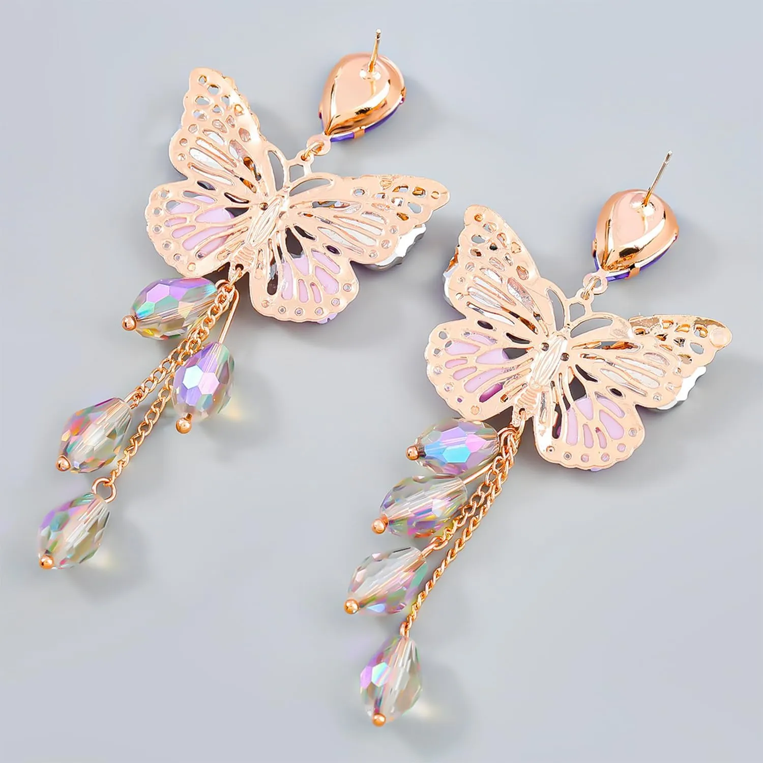 Purple Butterfly Tassel Style Zircon Earrings for Women Crystal Rhinestone Drop Earrings Long Butterfly Dangle Earrings Wedding Jewelry for Women