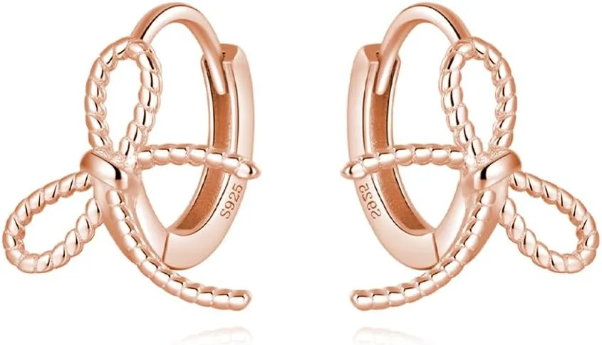 Reffeer Solid 925 Sterling Silver Bow Hoop Earrings Ribbon for Women Teens Bowknot Hoop Earrings Huggie Cartilage Helix Earrings