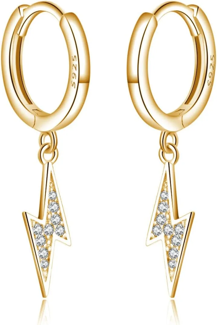 Reffeer Solid 925 Sterling Silver Lightning Bolt Drop Hoop Earrings for Women Teens CZ Lightning Bolt Hoop Earrings Huggie
