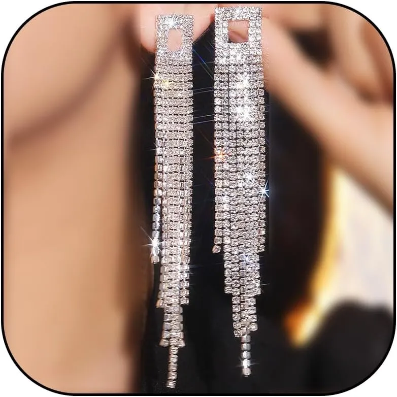 Rhinestone Drop Earrings for Women Sparkly Long Tassel Earrings Dangling Crystal Statement Prom Earrings Wedding Party Dress Outfit Jewerly Gifts