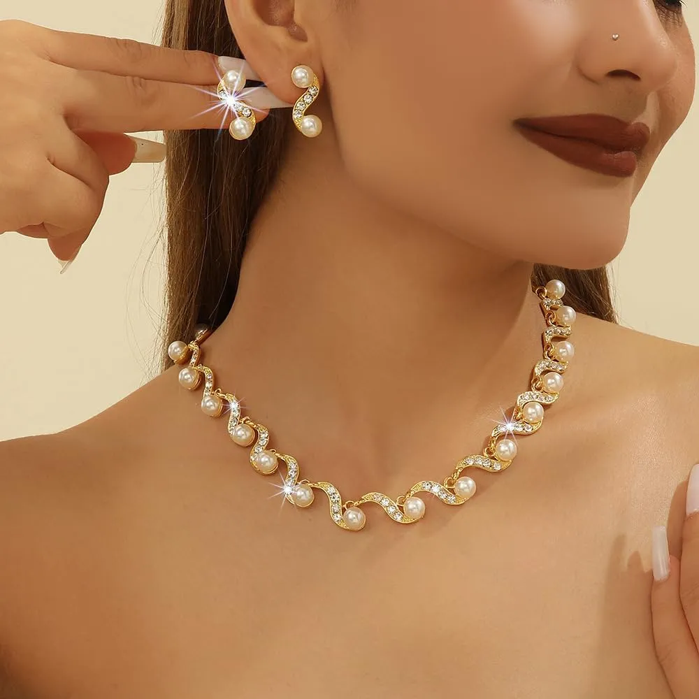 Rhinestone Pearl Bridal Necklace Earring Set Silver Crystal Necklaces Earrings Jewelry Set Bride Bridesmaid Jewelry Accessories for Women